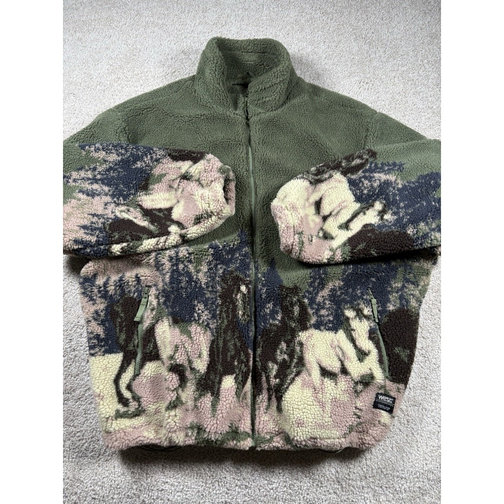 WeSC Wild Horses Oversized Sherpa Fleece Jacket Mens L Green Scenic Gorpcore